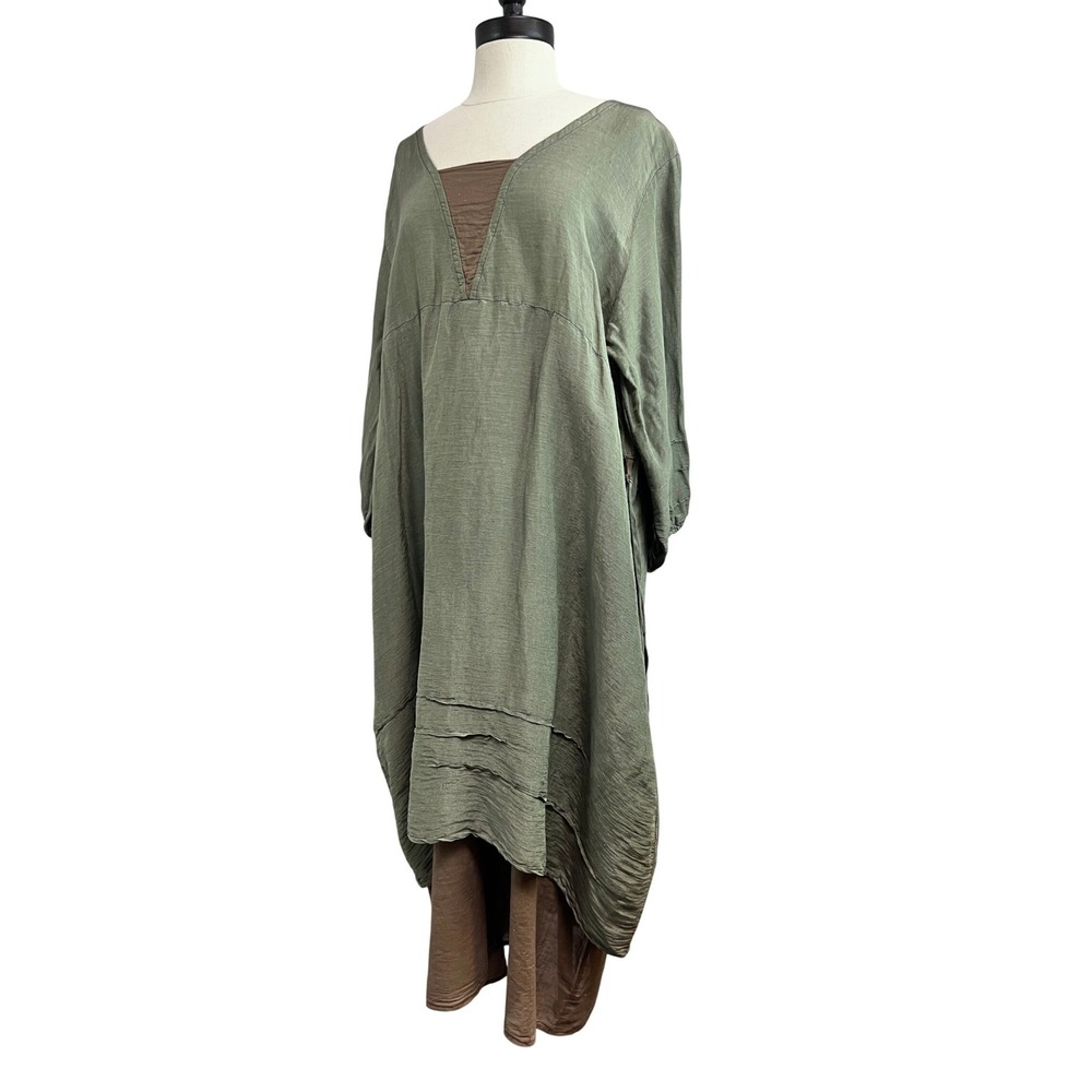 Bluefish Tunic Dress Womens OS Green Excellent Hemp Silk Lagenlook Layered Midi